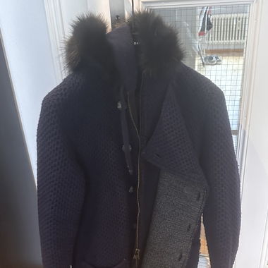 Blue knit coat with black fur hoodie