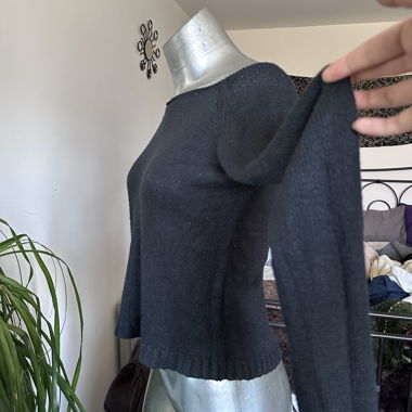 Black Fine-Knit Sweater with Wide Neckline