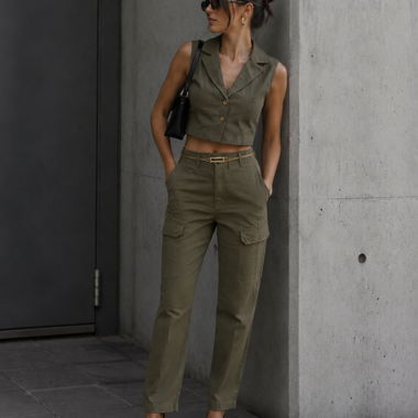 Gilet court Forever Young S en lin olive