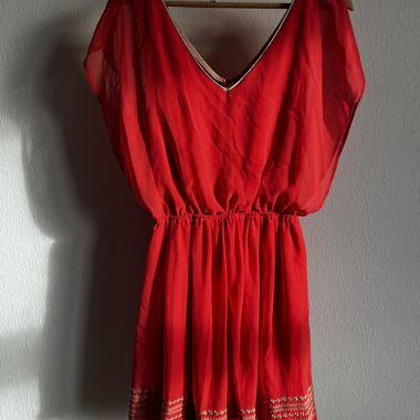 Coral dress with gold embroidery