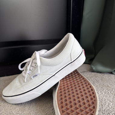 White/light blue vans 