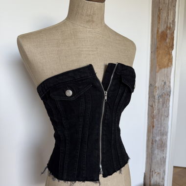 Schwarzes Denim-Corsagen-Top mit Reissverschluss