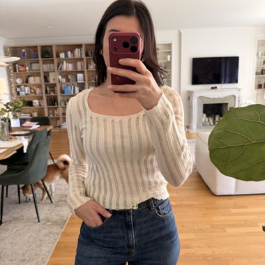 Beige Fine Ribbed Long-Sleeve Sweater