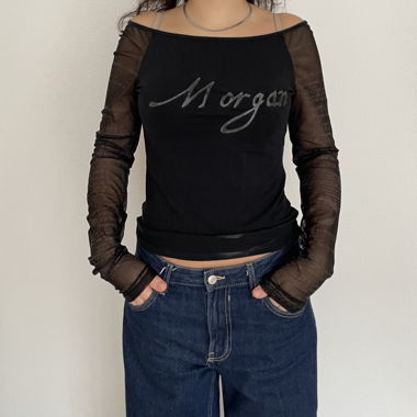 Top maniche lunghe in mesh nero Morgan