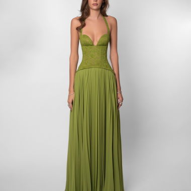 Robe longue formelle en dentelle verte (petite)