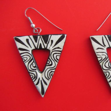 Ethnic, Balinese, Black and White, Wood Earrings 