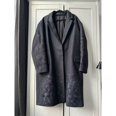 All Saints Black Wool Coat with Floral Embroidery 