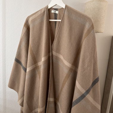 Beige Poncho with Check Pattern