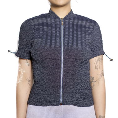 Vintage textured blue zip-up top