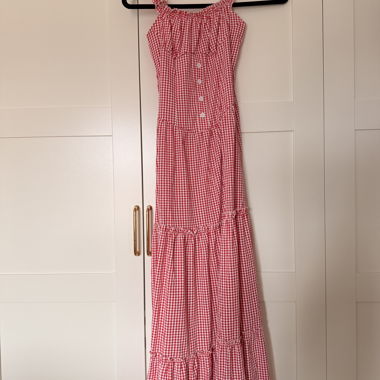 Red-and-white check maxi dress