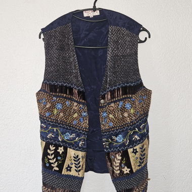 Blue Embroidered Patchwork Vest