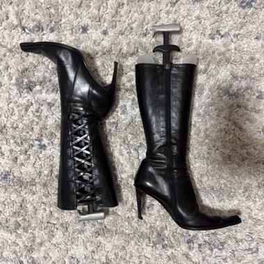 Black leather heeled boots