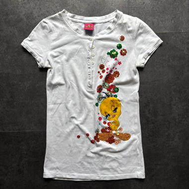 “Tweeeny” Tweety button/sequin decorated top