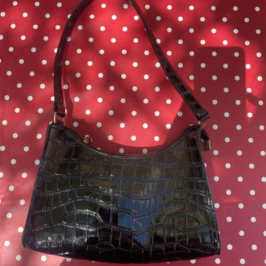 Black Patent-Style Handbag with Top Handle