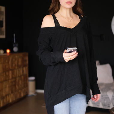 Oversized Off-Shoulder Pullover, 100% Baumwolle, Schwarz