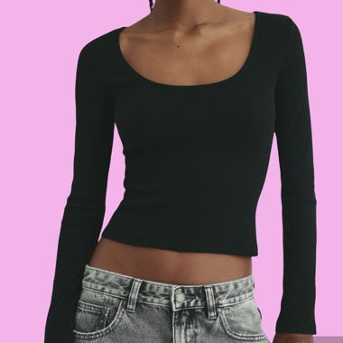 Bershka schwarzes Langarm-Crop-Top