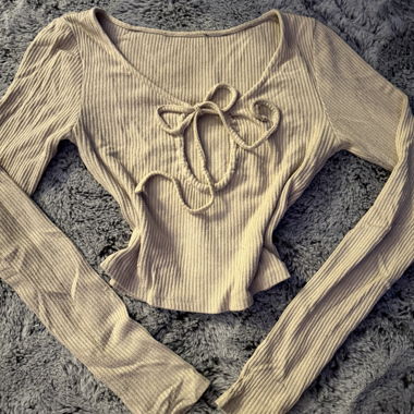 Beige Long-Sleeve Crop Top with Bow Detail