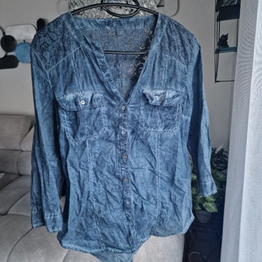 S.OLIVER Bluse Denim Optik mit Spitze – Gr. 36