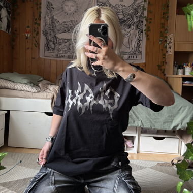 unisex baggy black graphic shirt with chrome