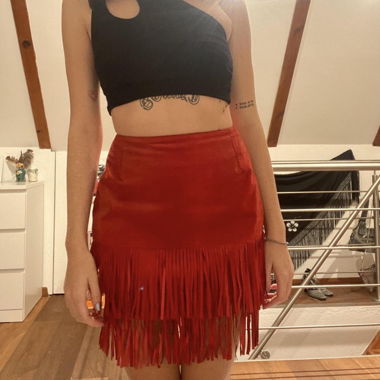 red leather fringe skirt
