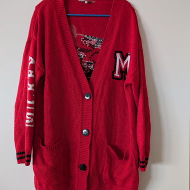 Cardigan di maglia rosso con Mickey Mouse