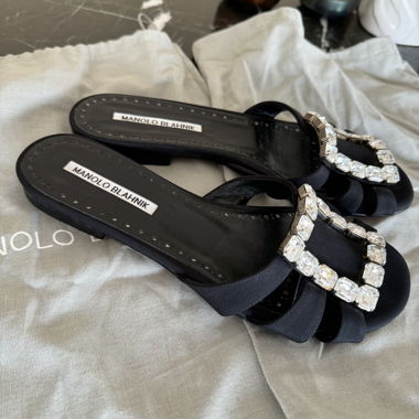 Manolo Blahnik black crystal slide sandals 37.5