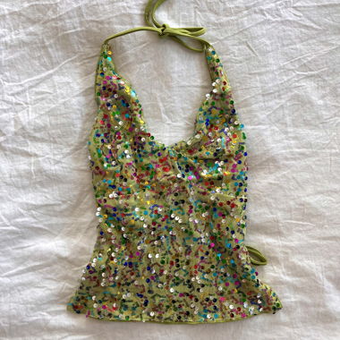 Green sequin halter top with open back