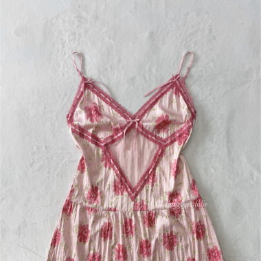 Pink Floral Satin Slip Dress (S/M)