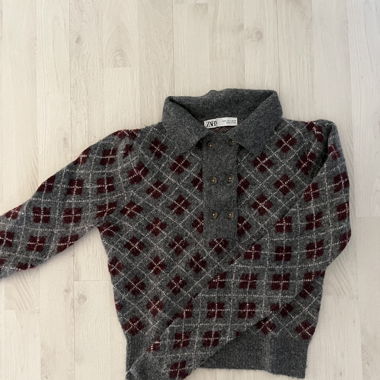 ZARA Strickpullover – Argyle Muster, Grau/Bordeaux