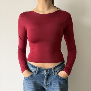 Red Long-Sleeve Top with Back Cut-Out