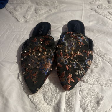 Black embroidered mules