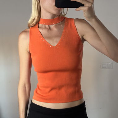 vintage y2k V neck orange top with strass details