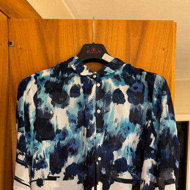 Blau Weiß Schwarz Gemusterte Hemd Bluse
