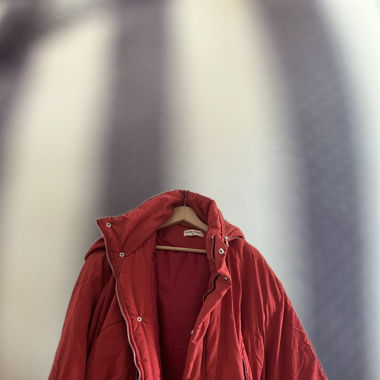 red fluffy jacket