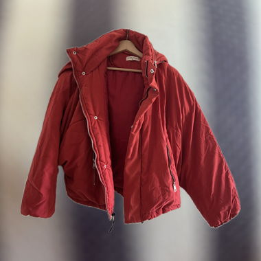 red fluffy jacket