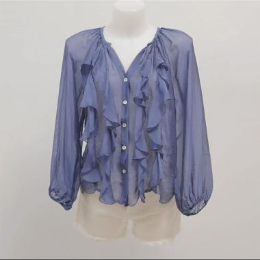 Sheer blue ruffle blouse - M
