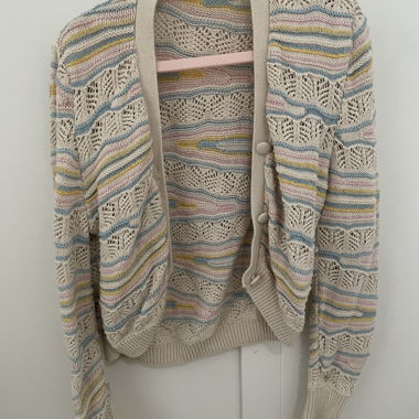 Beige knitted cardigan with pastel stripes