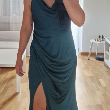 Green metallic evening dress with leg slit