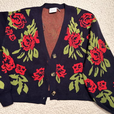 Cardigan da donna Vila - blu scuro con motivo a rose