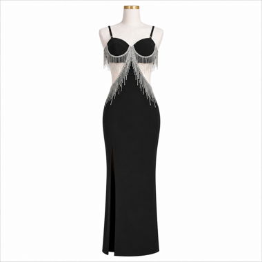 Robe longue Glamour à franges en strass 