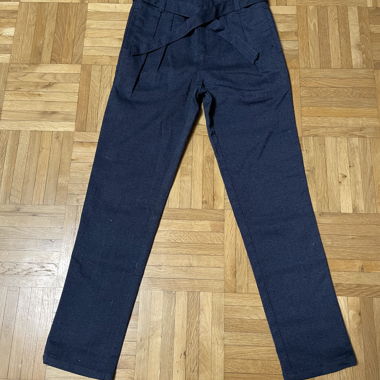 Dark blue children's fabric trousers with tie belt