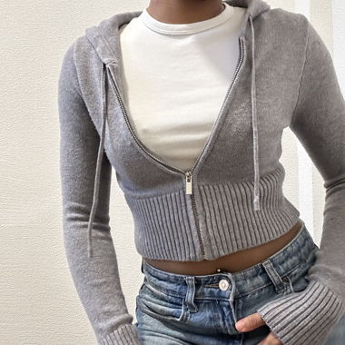 Grey Cropped Zip-Up Hoodie