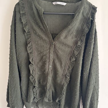 ZARA blouse in olive green with ruffles