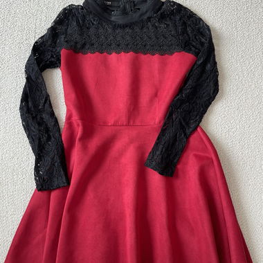 Red dress with black lace sleeves