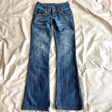 Low rise star studded contrast bootcut denim jeans