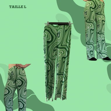 Pantalon fluide motif tourbillon vert et blanc