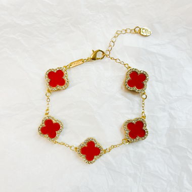 Clover Armband mit Zirkon rot - 18k vergoldet
