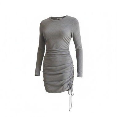 Grey Long-Sleeve Dress with Ruching