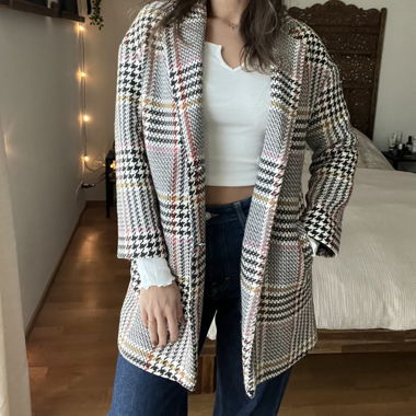 Cappotto lungo blazer a quadri Nero Bianco Rosa
