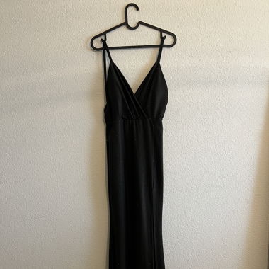 Glitter wedding guest dress, slit, black